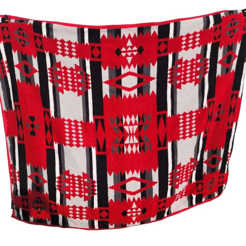 Vintage IBENA Acrylic Blanket 73x57 Red Black Navajo‎ Southwest Geometric Turkey